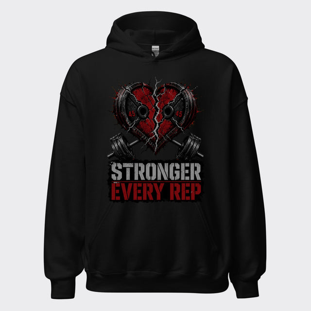 STRONGER EVERY REP cracked iron heart with weight plates and barbells graphic on a black hoodie