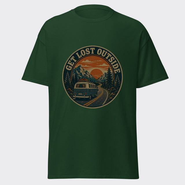 GET LOST OUTSIDE retro camper van driving toward a mountain sunset badge graphic on a forest green tee