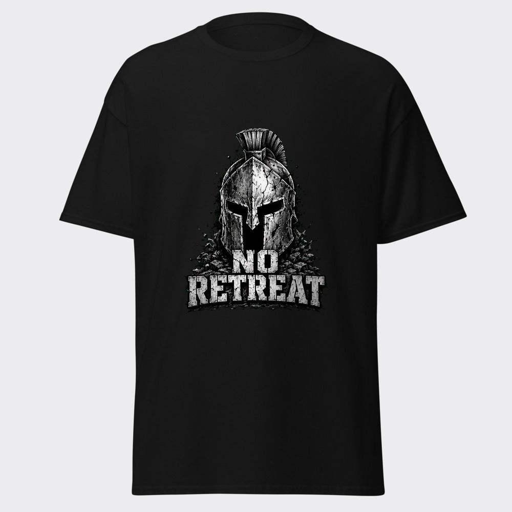 NO RETREAT spartan helmet veteran design on a heavyweight black tee