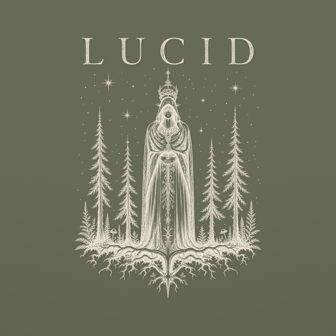 LUCID Forest Guardian tee front print — robed guardian among pines in ivory on military green